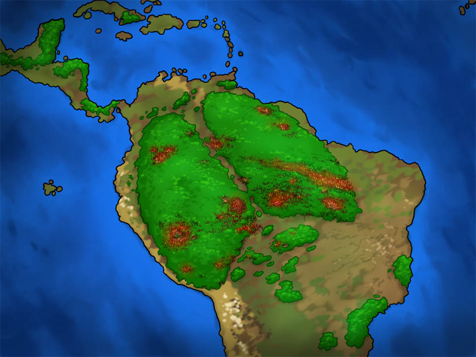 Eine farbige Zeichnung des Regenwaldes in Südamerila, in welcher die Bäume gemeinsam die Form einer Lunge darstellen.