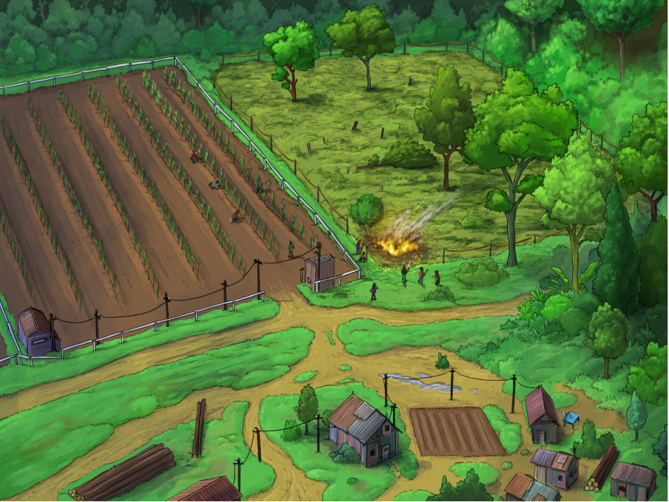 Farbige Illustration eines am Waldrand liegenden landwirtschaftlichen Gebietes mit einem kleinen brennenden Feld welches gezielt abgebrannt wird.
