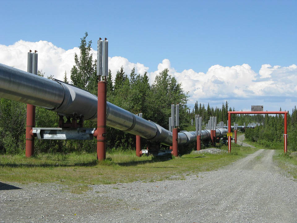 Bild von einem kleinen Abschnitt der Gaspipeline in Alaska. Links im Bild zieht sich ein großes Metallrohr, welches durch rote Halterungen befestigt ist, an einem Kiesweg entlang durch die grüne Landschaft Alaskas. 