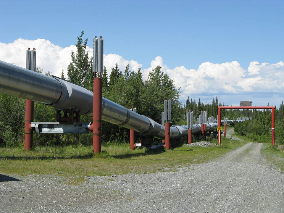 Bild von einem kleinen Abschnitt der Gaspipeline in Alaska. Links im Bild zieht sich ein großes Metallrohr, welches durch rote Halterungen befestigt ist, an einem Kiesweg entlang durch die grüne Landschaft Alaskas.