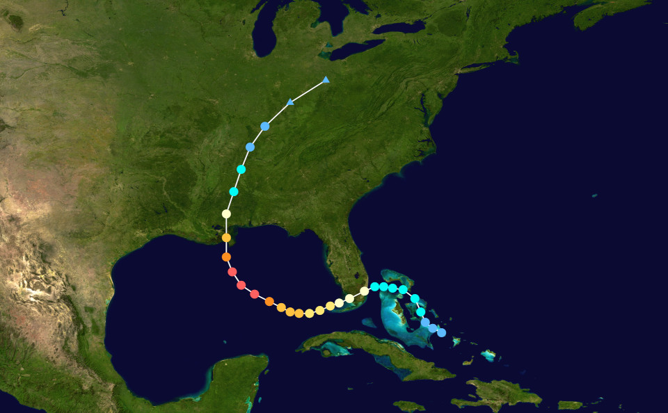 Darstellung, des Weges des Hurrikan Katrina anhand von farbigen Punkten, eingezeichnet in eine geografische Karte