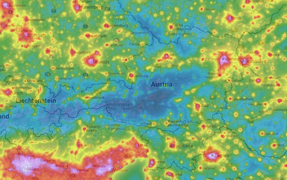Lichtverschmutzungskarte von lightpollutionmap
