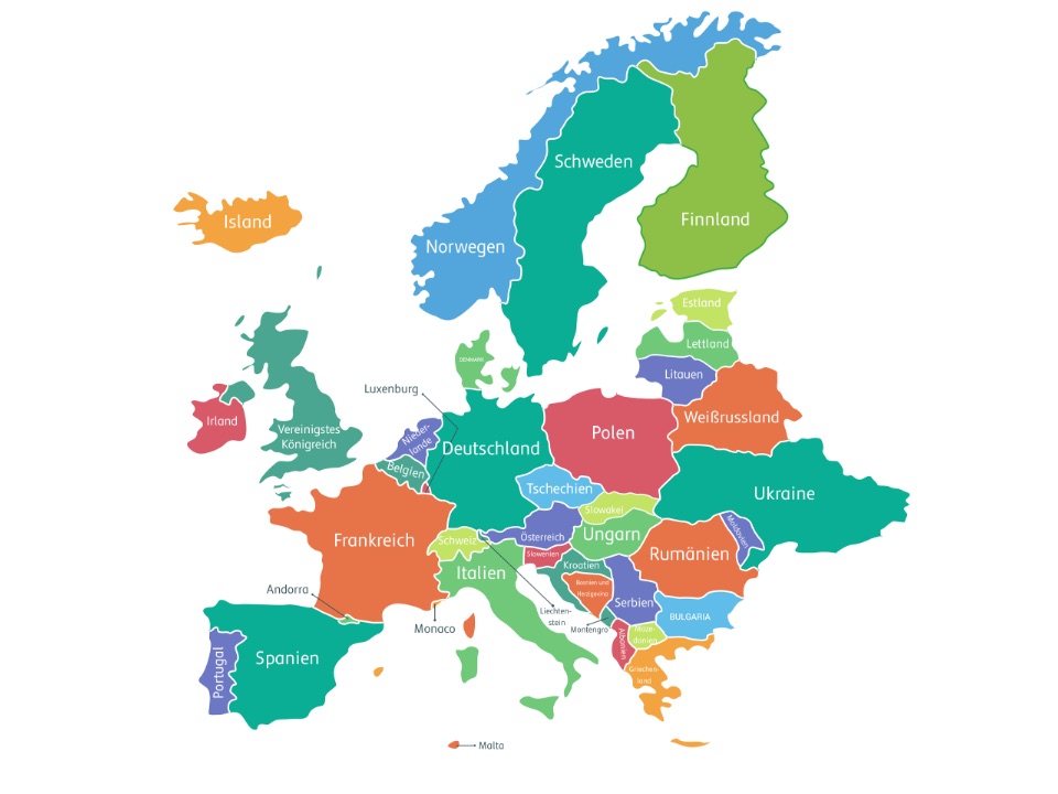Karte von Europa mit den politischen Grenzen und die Länder bunt eingefärbt.