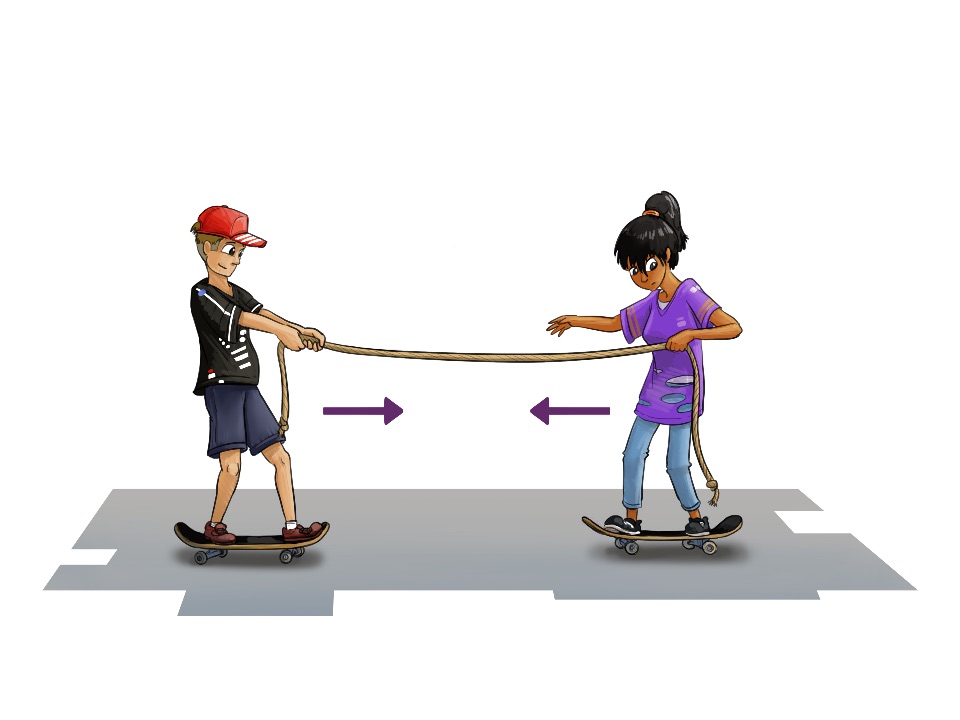 Jugenliche auf Skateboard ziehen an einem Seil