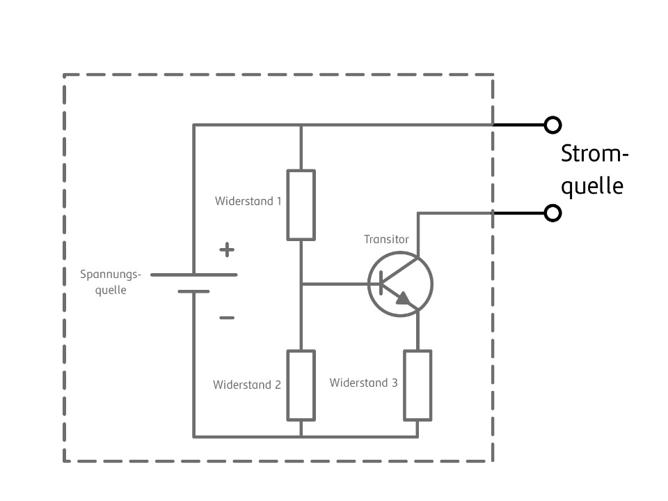 Schaltung einer Batterie, 3 Widerständen und einem Transistor