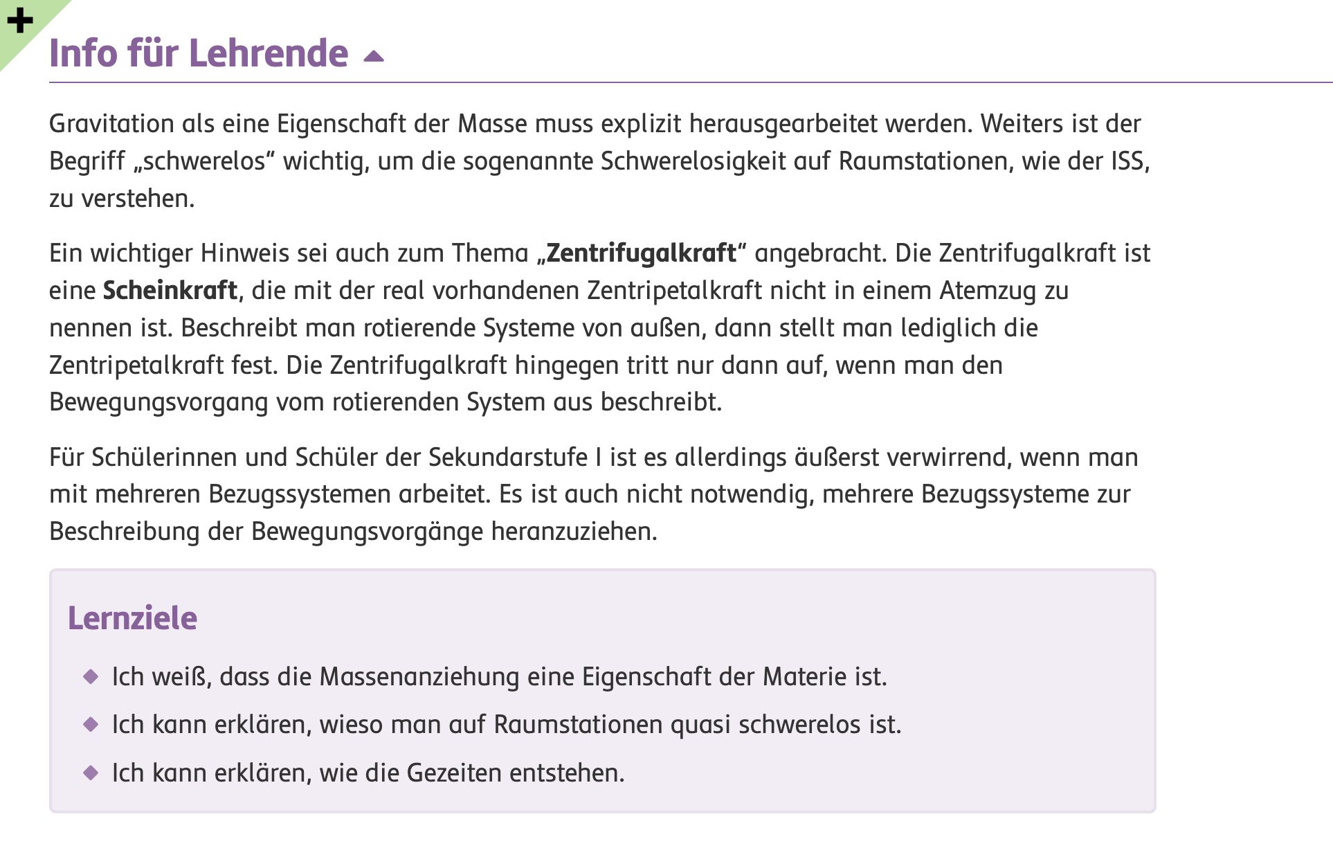 Screenshot der Lernziele im Abschnitt Info für Lehrende. 